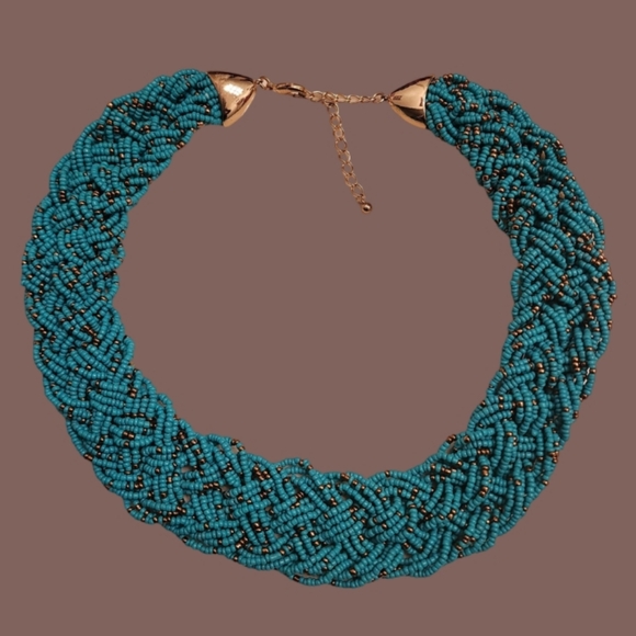 Beaded Braided Statement Turquoise Blue Necklace - Picture 4 of 4
